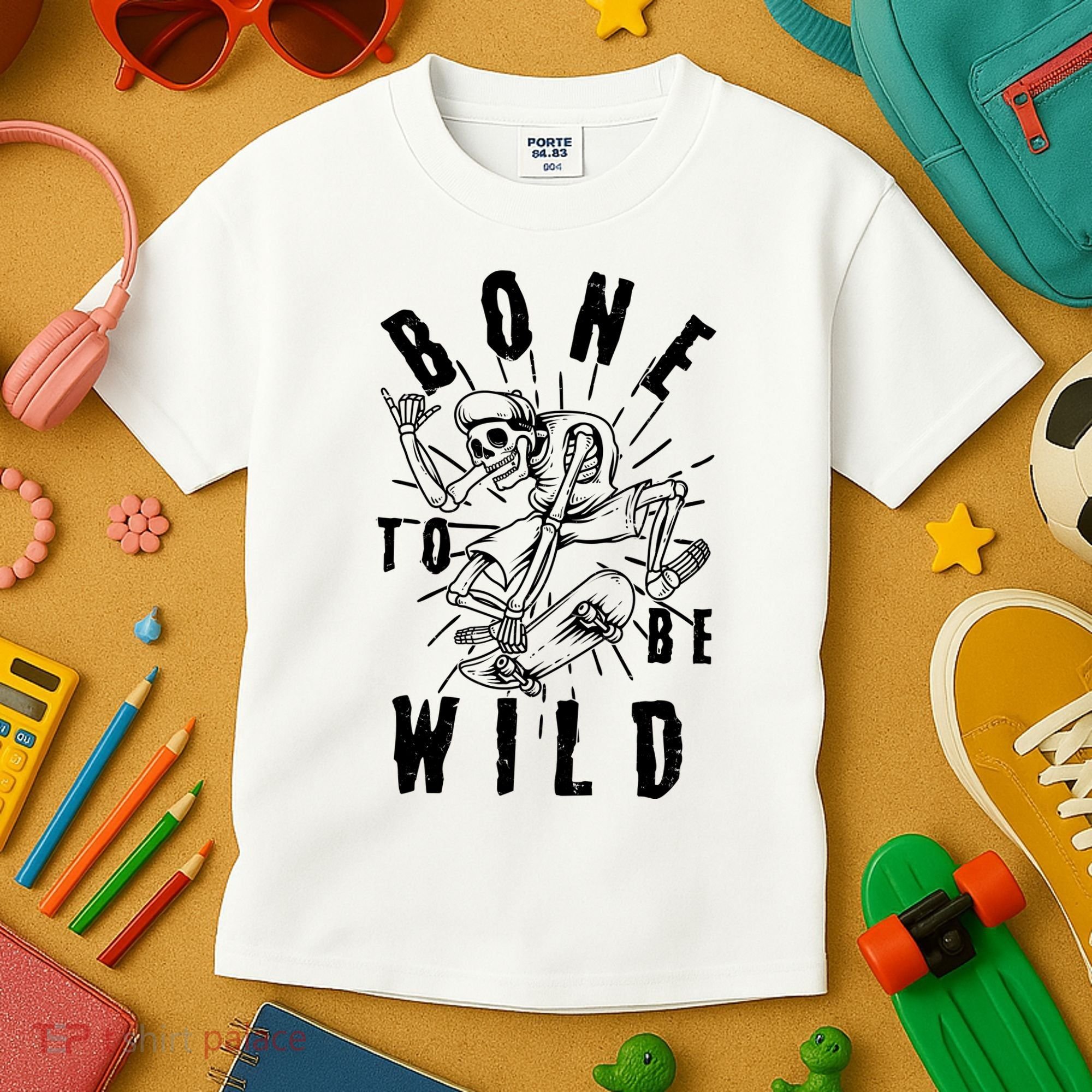 Funny Halloween Bone To Be Wild Skateboarding Skeleton Kids T-Shirt