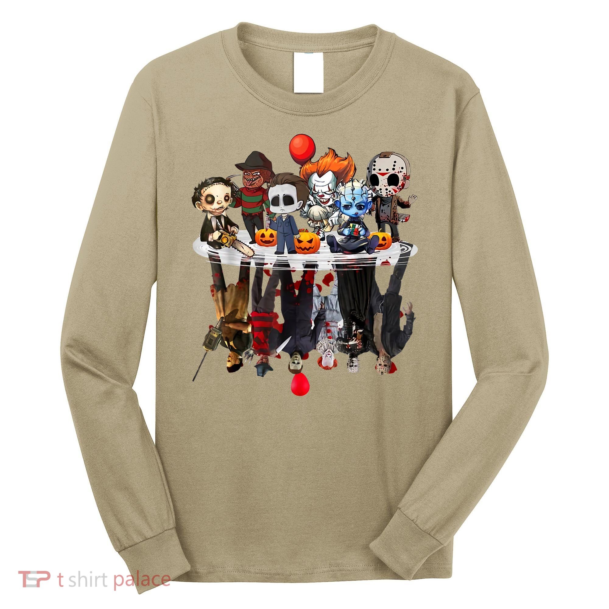 Funny Halloween, Cute Halloween, Cute Horror Movie Chibi Character Water Reflect Long Sleeve Shirt