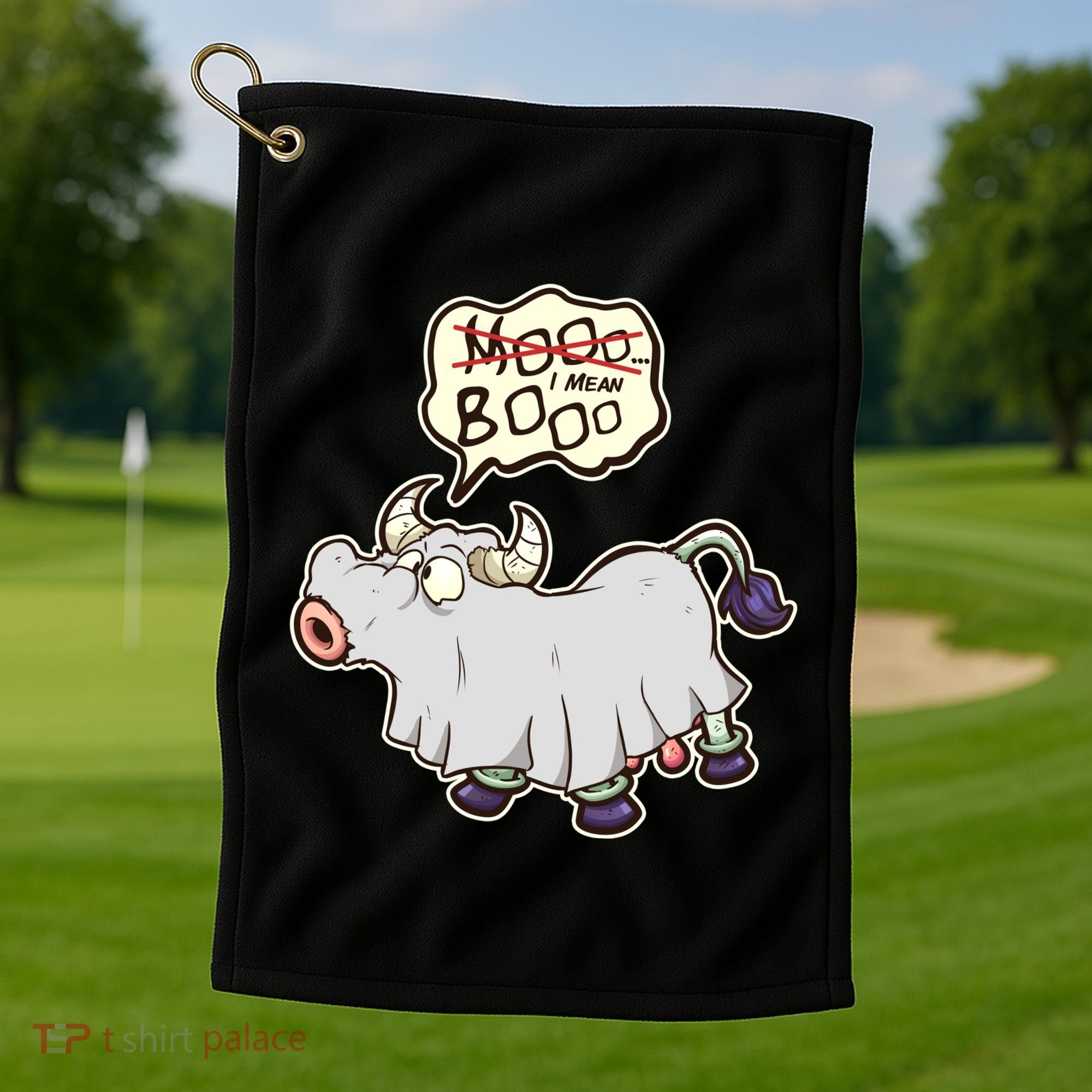 Funny Halloween Cow Moo I Mean Boo Golf Towel