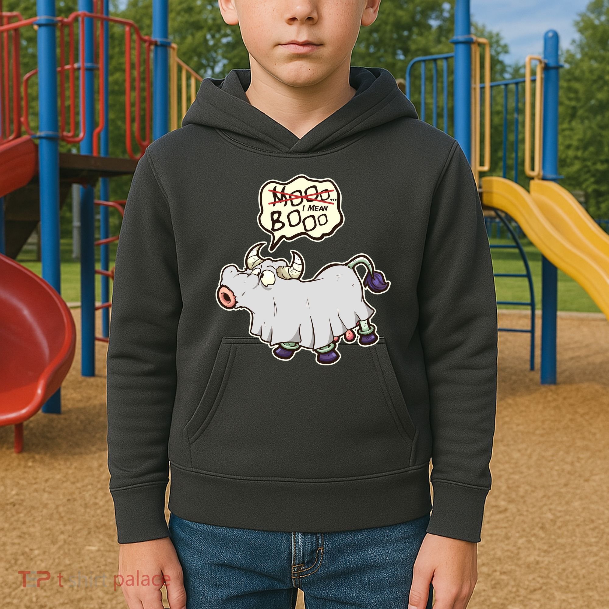 Funny Halloween Cow Moo I Mean Boo Kids Hoodie