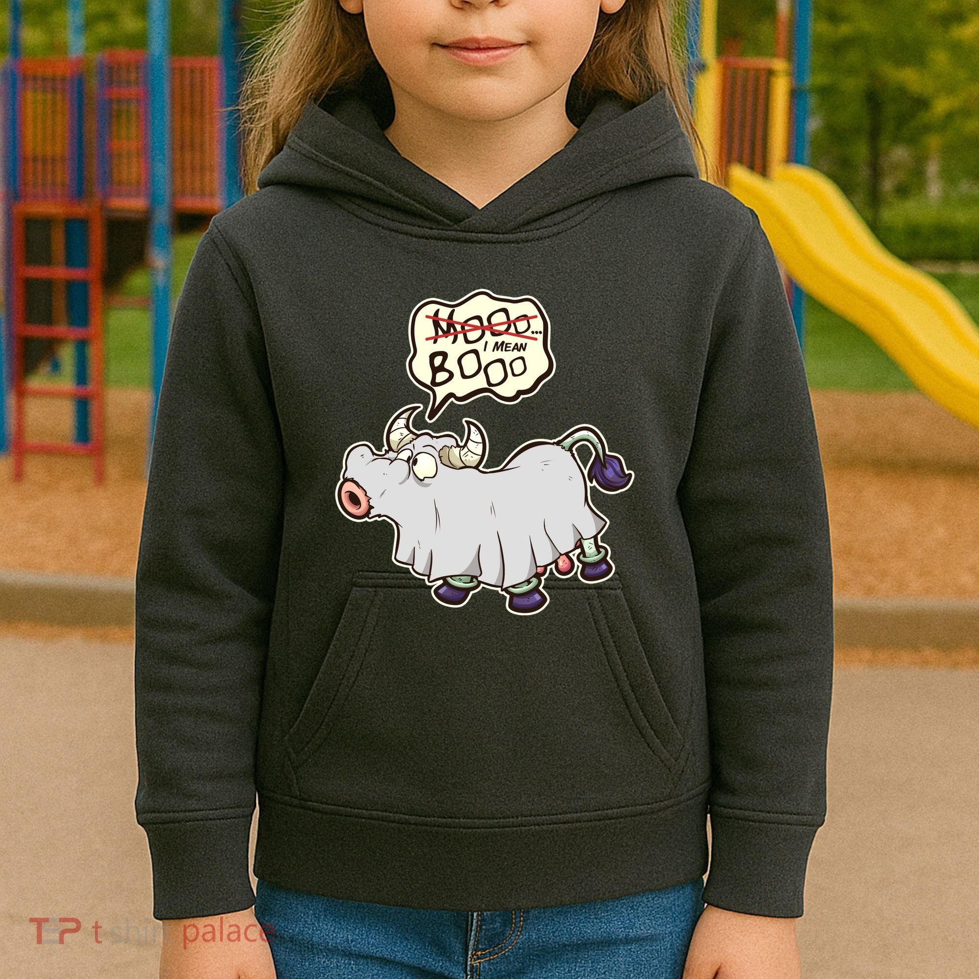 Funny Halloween Cow Moo I Mean Boo Kids Hoodie