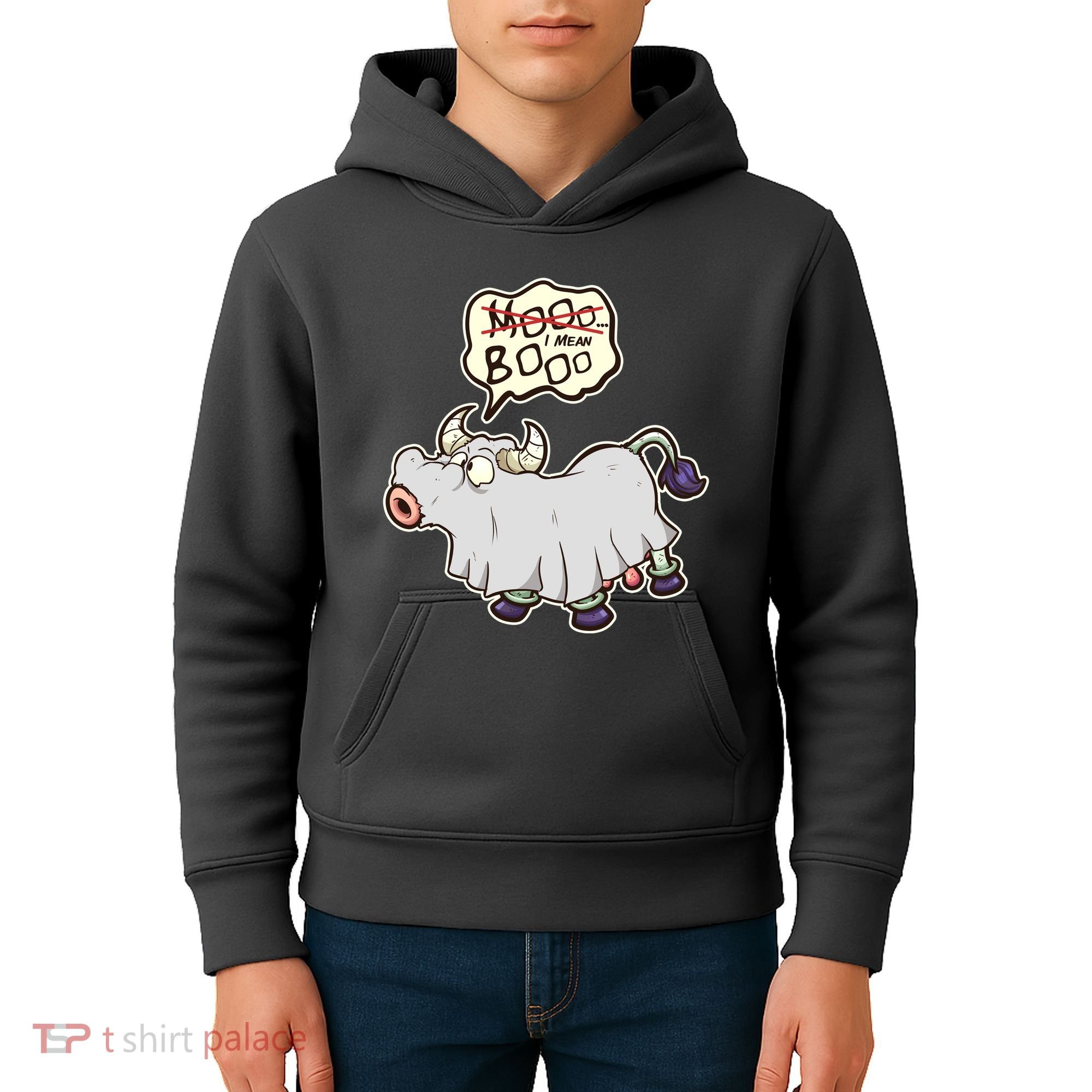 Funny Halloween Cow Moo I Mean Boo Kids Hoodie