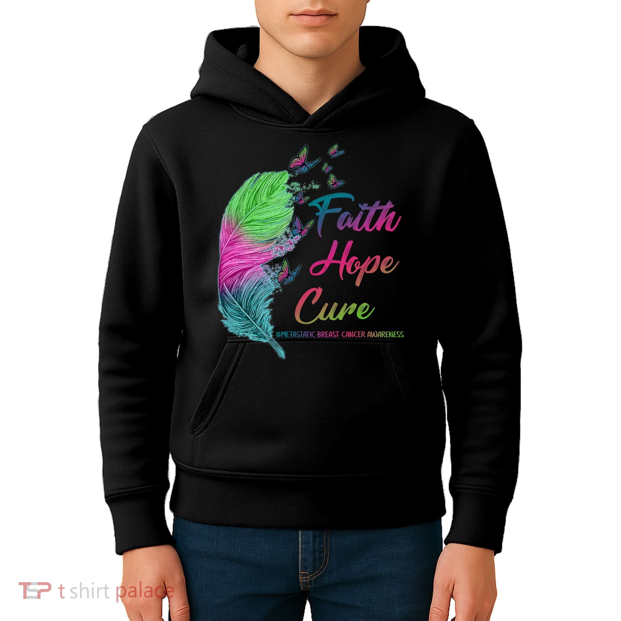 Faith Hope Cure Metastatic Breast Cancer Feather Kids Hoodie
