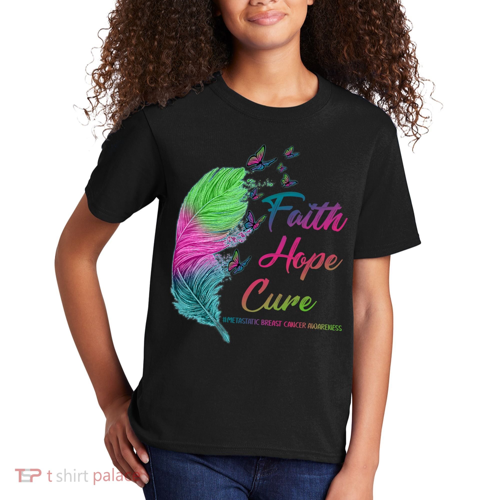 Faith Hope Cure Metastatic Breast Cancer Feather Kids T-Shirt