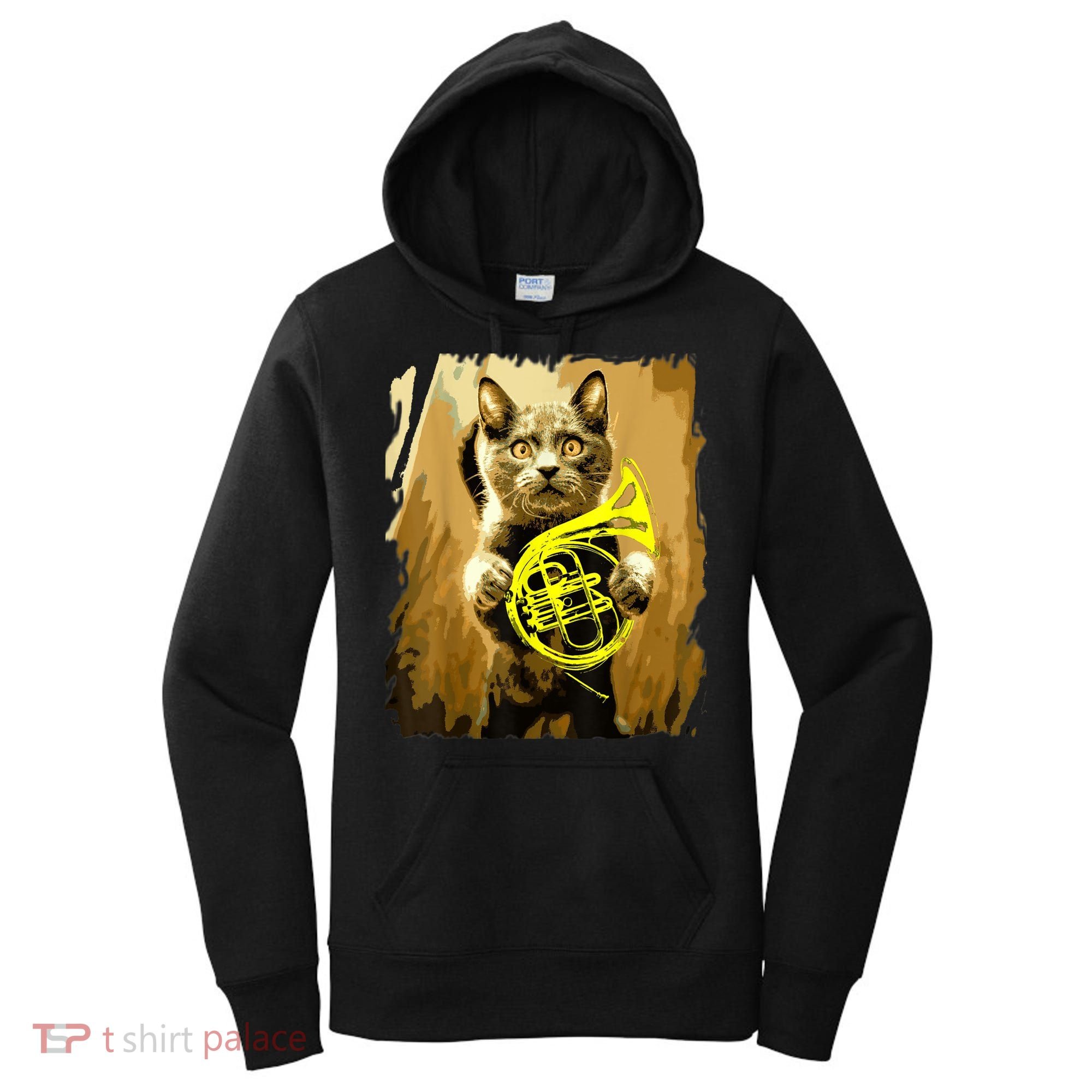 French Horn Cat Gift Music Funny Gift For Christmas Women's Hoodie