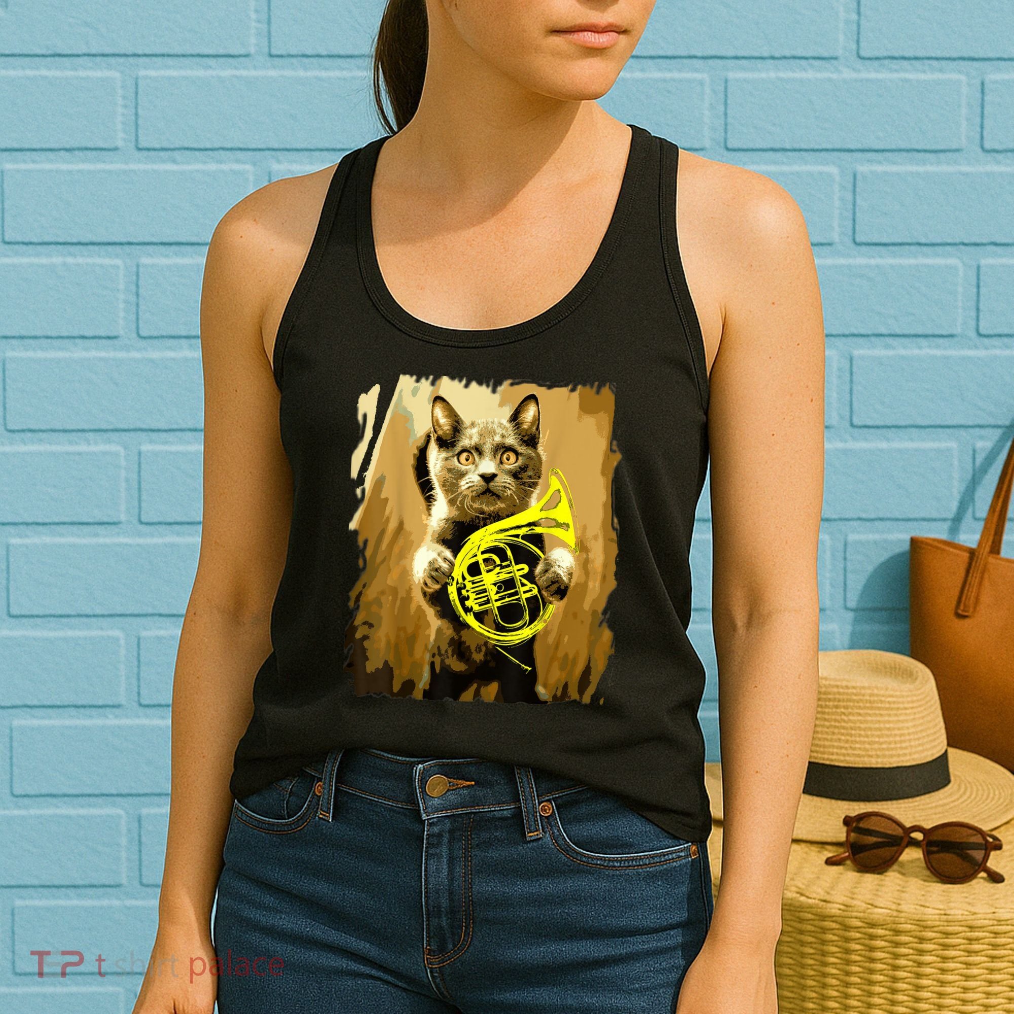 French Horn Cat Gift Music Funny Gift For Christmas Women's Tank Top