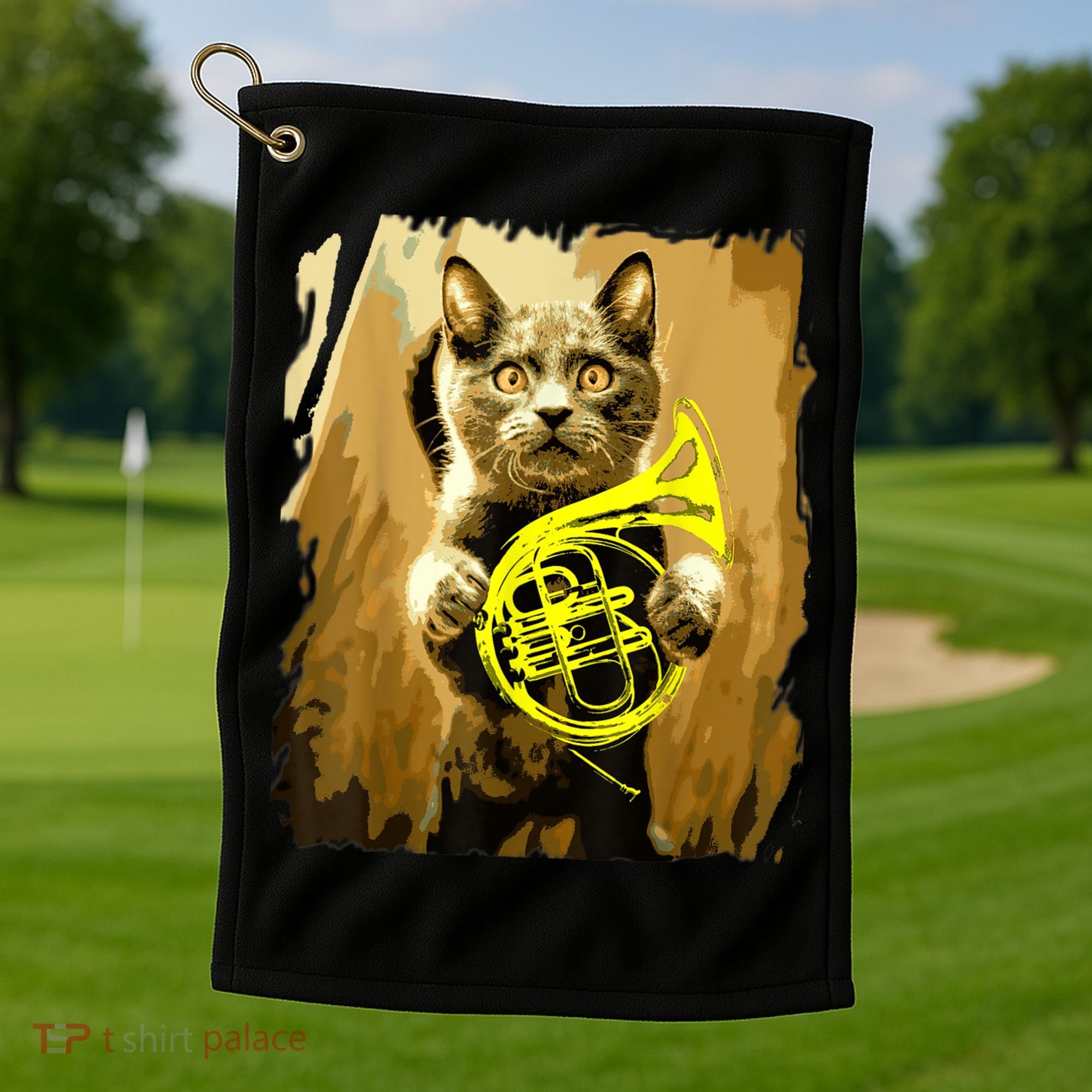 French Horn Cat Gift Music Funny Gift For Christmas Golf Towel