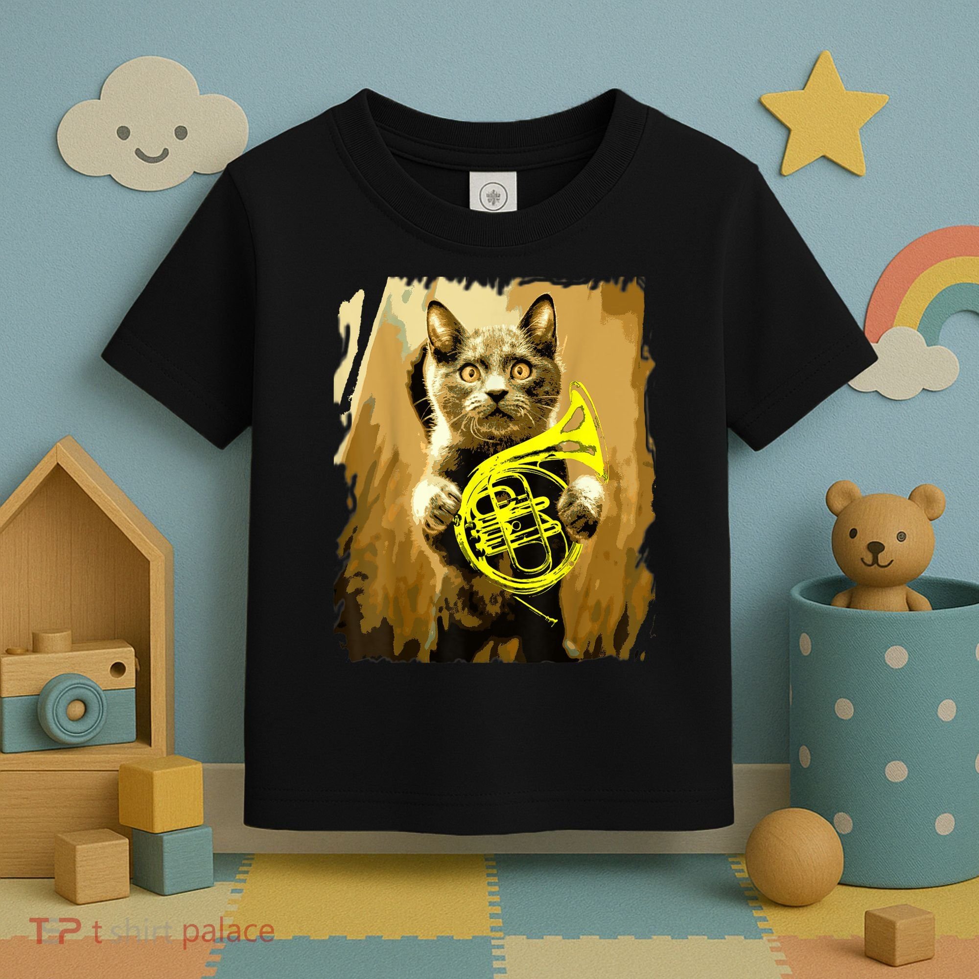 French Horn Cat Gift Music Funny Gift For Christmas Toddler T-Shirt