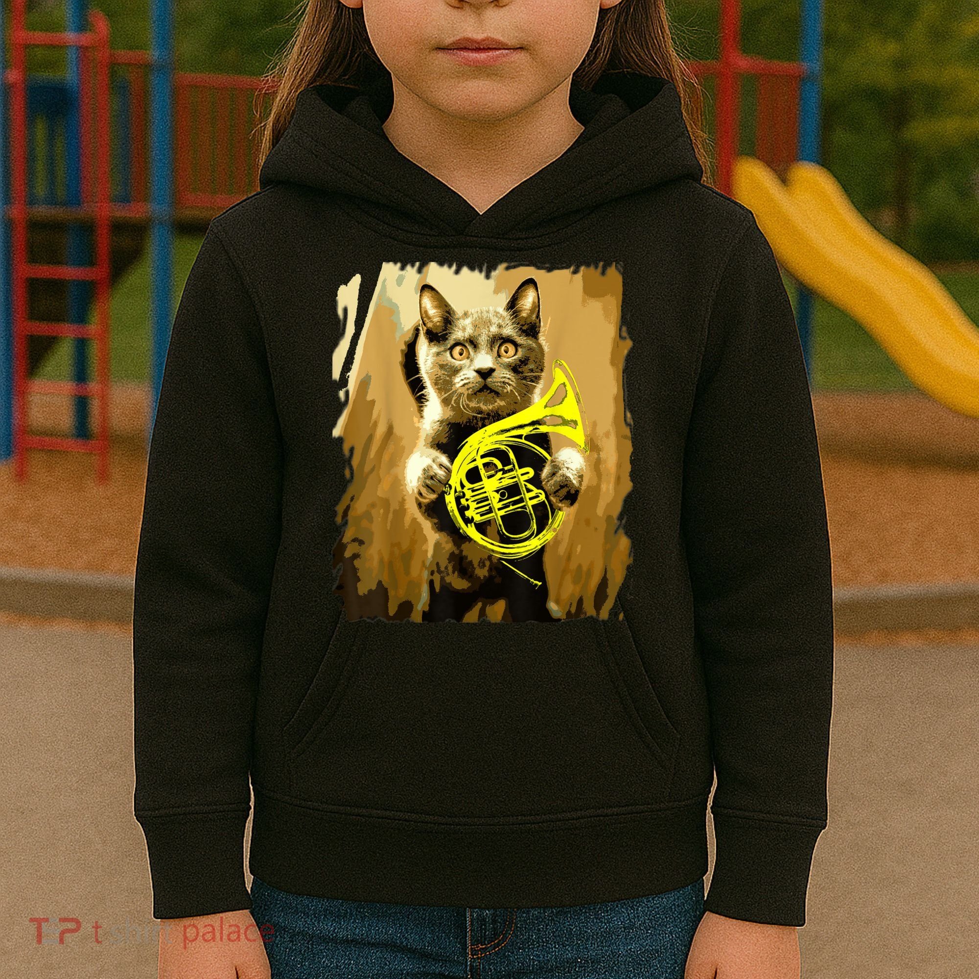 French Horn Cat Gift Music Funny Gift For Christmas Kids Hoodie
