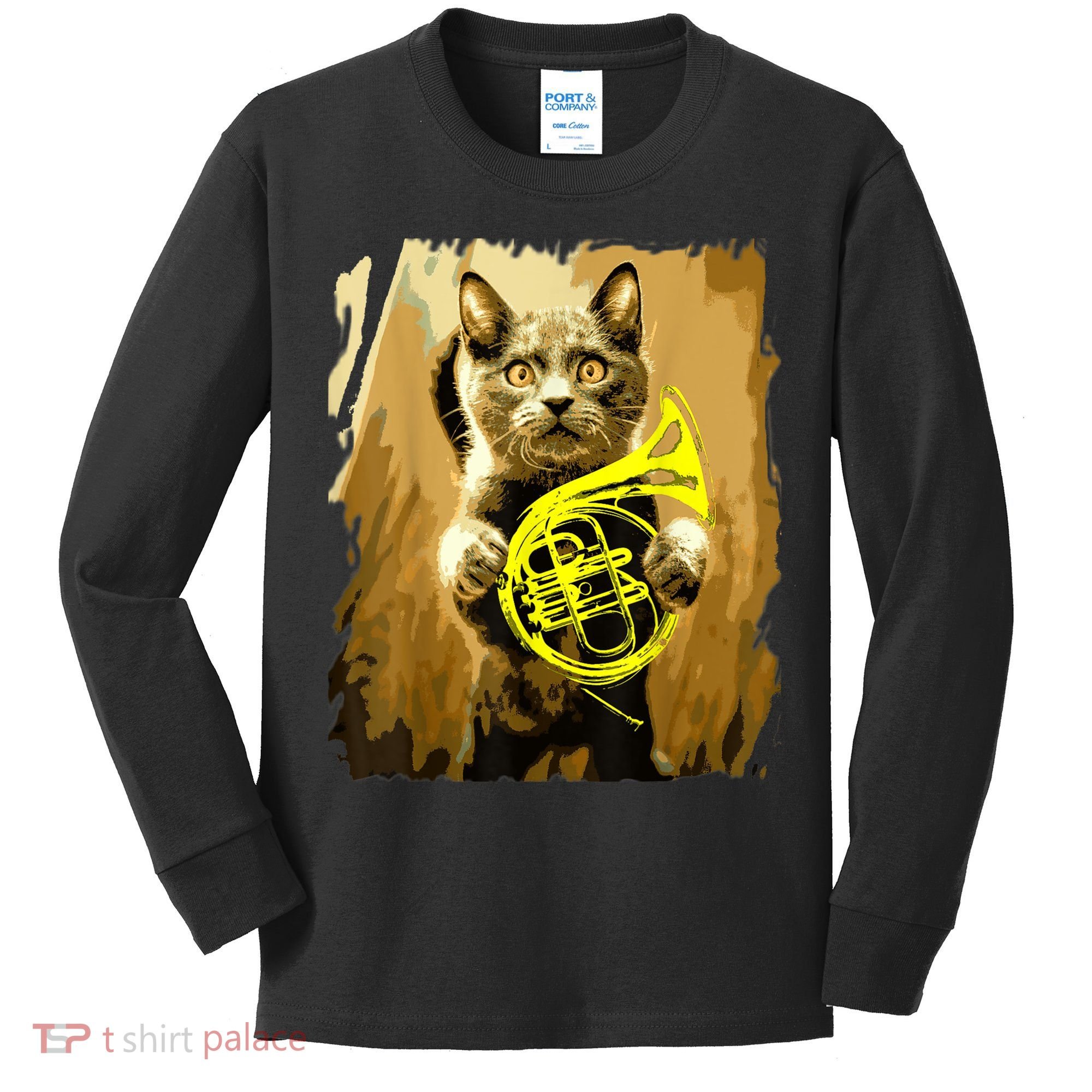 French Horn Cat Gift Music Funny Gift For Christmas Kids Long Sleeve Shirt