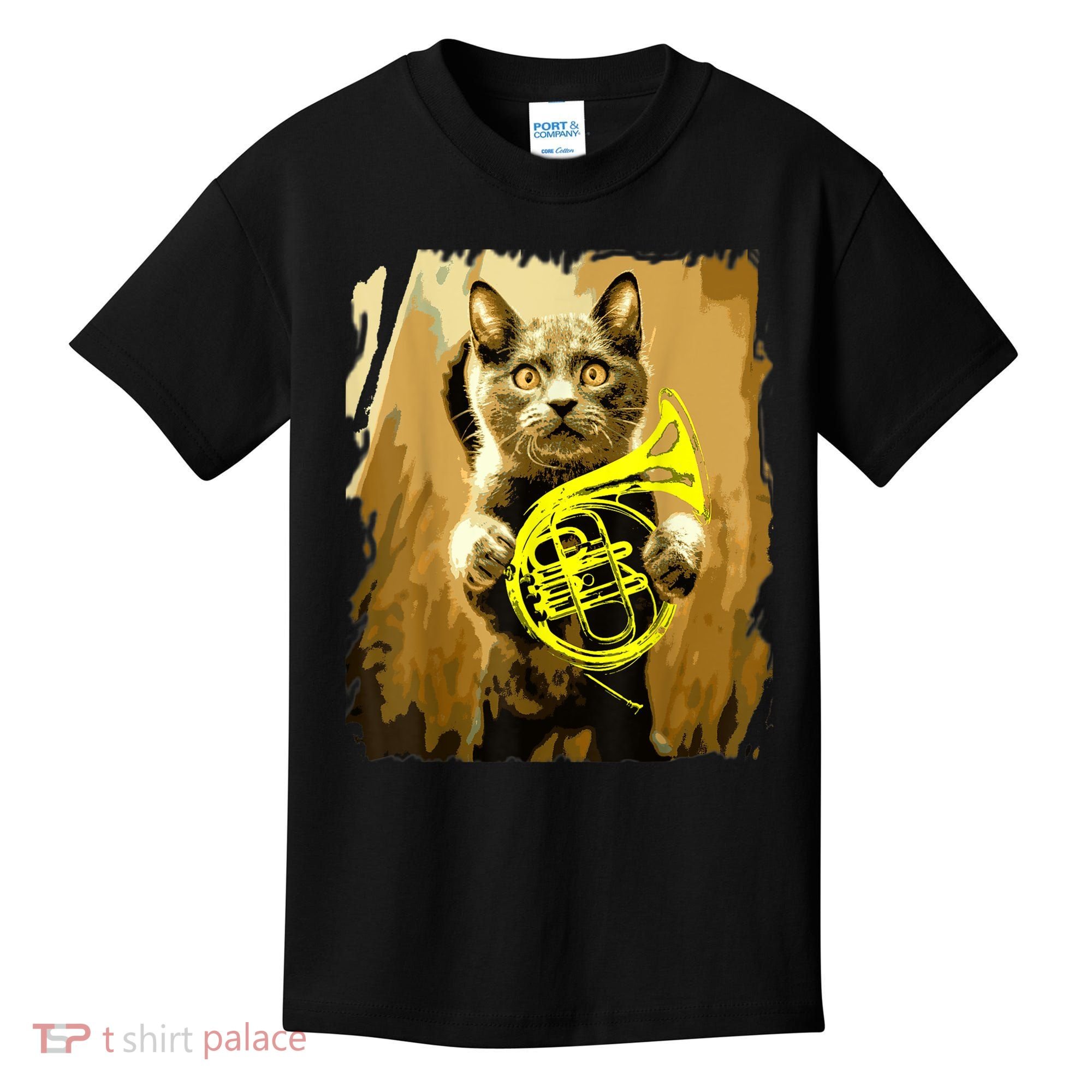 French Horn Cat Gift Music Funny Gift For Christmas Kids T-Shirt