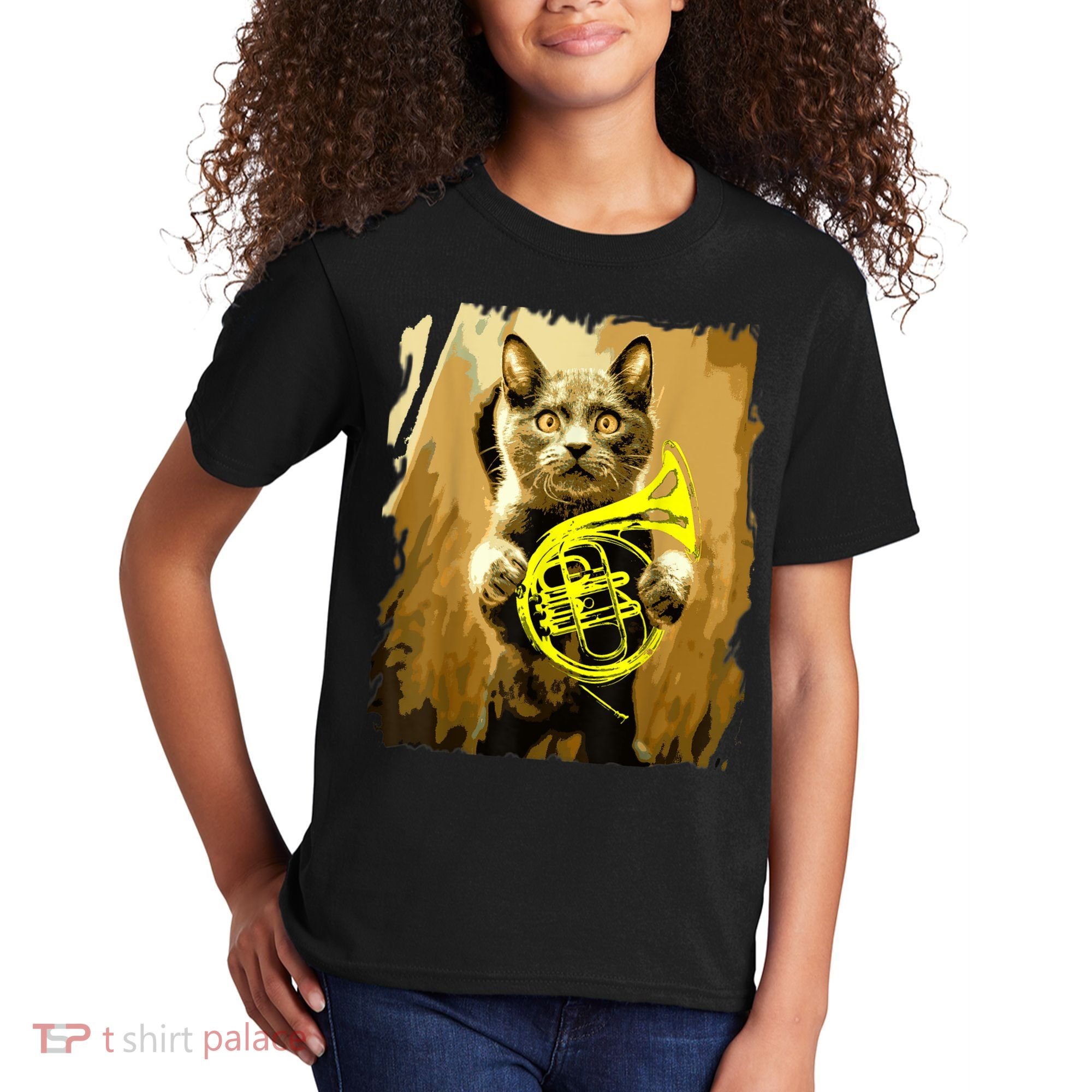 French Horn Cat Gift Music Funny Gift For Christmas Kids T-Shirt
