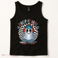 Funny Halloween Creep It Real Skateboarding Ghost Tank Top thumb 2