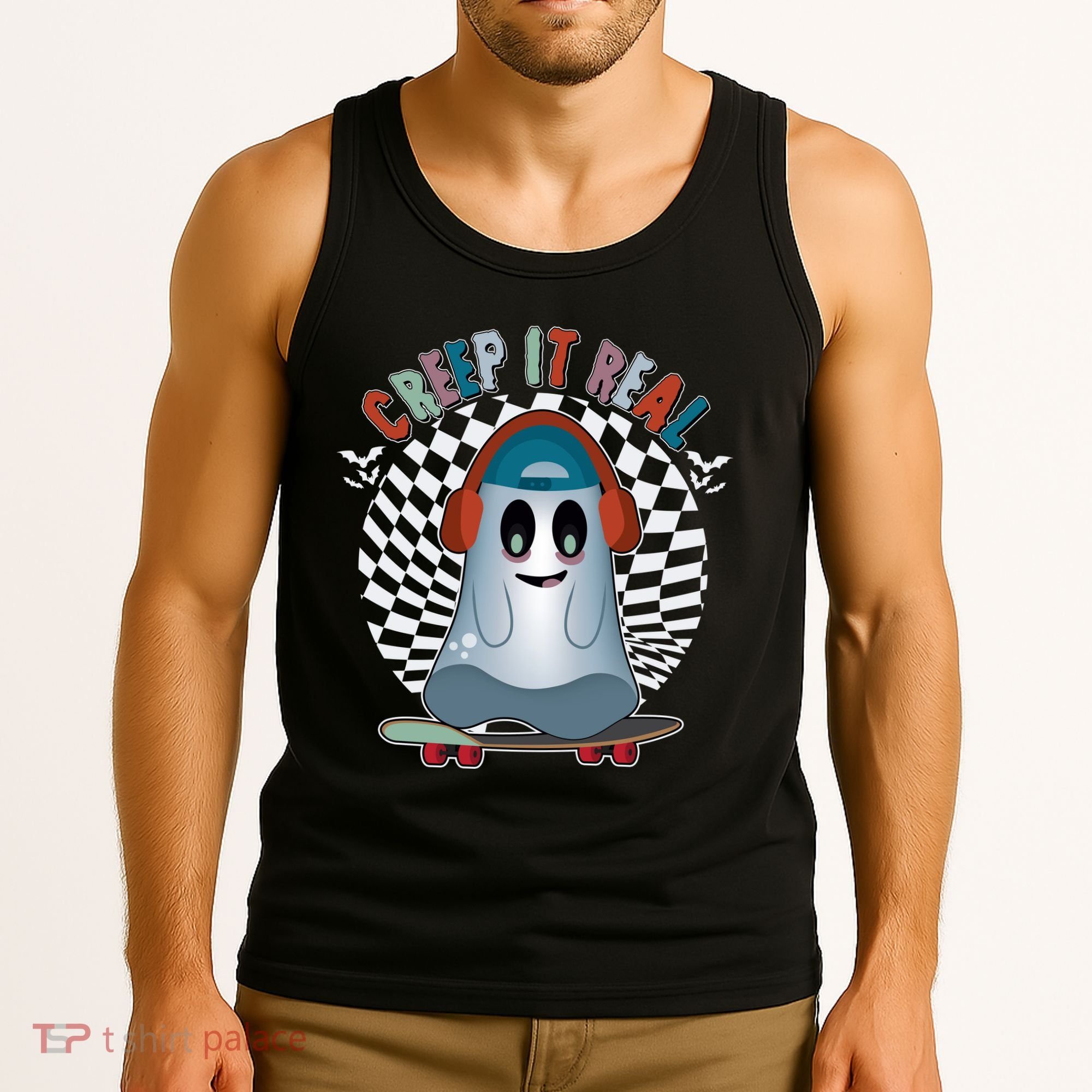 Funny Halloween Creep It Real Skateboarding Ghost Tank Top