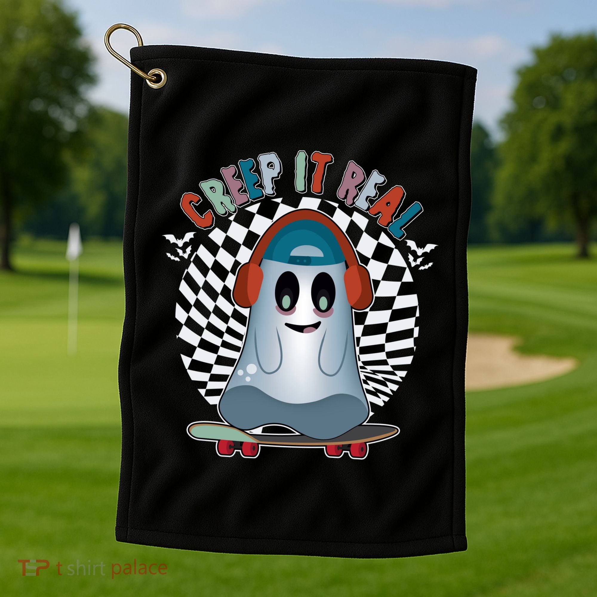 Funny Halloween Creep It Real Skateboarding Ghost Golf Towel