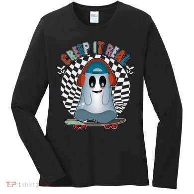 Funny Halloween Creep It Real Skateboarding Ghost Women's Long Sleeve Shirt