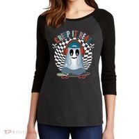 Funny Halloween Creep It Real Skateboarding Ghost Women's Tri-Blend 3/4-Sleeve Raglan Shirt thumb 2