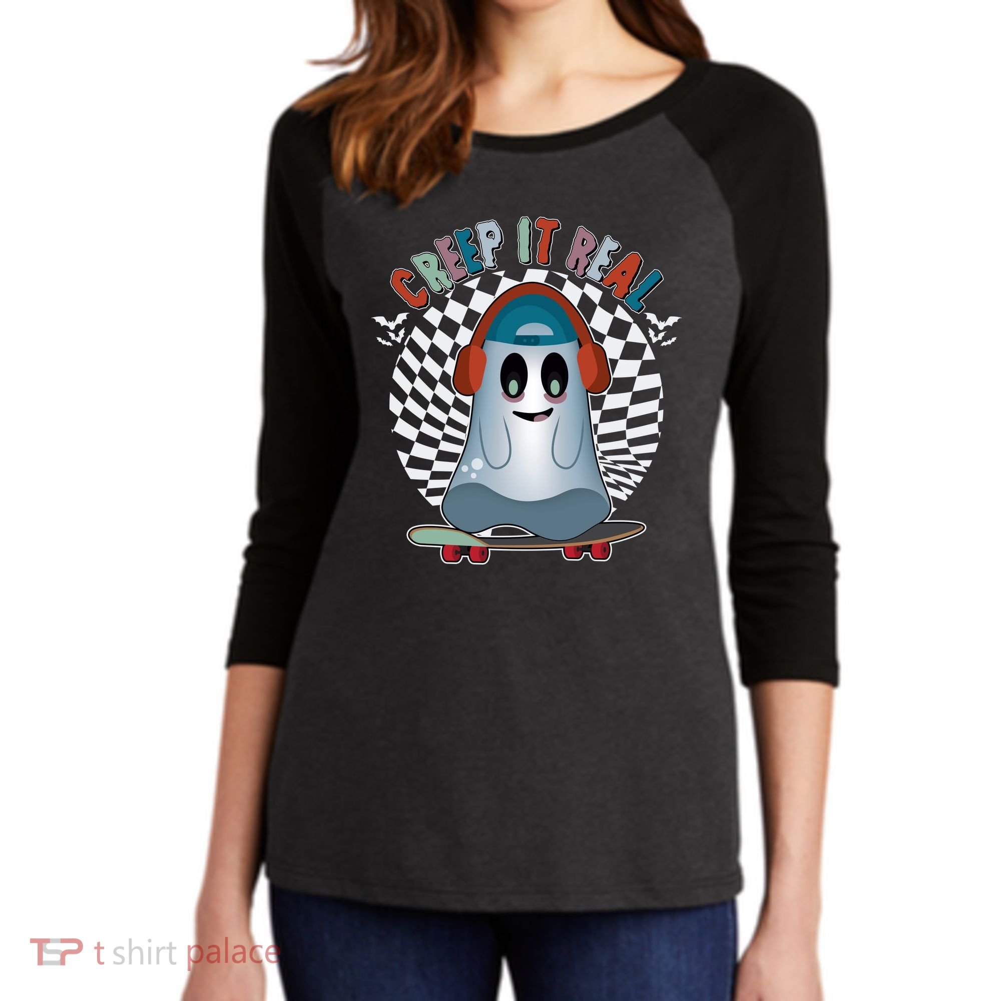 Funny Halloween Creep It Real Skateboarding Ghost Women's Tri-Blend 3/4-Sleeve Raglan Shirt