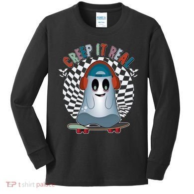 Funny Halloween Creep It Real Skateboarding Ghost Kids Long Sleeve Shirt