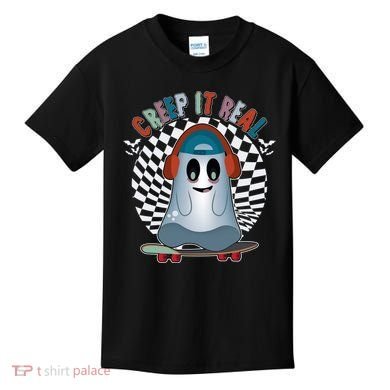 Funny Halloween Creep It Real Skateboarding Ghost Kids T-Shirt