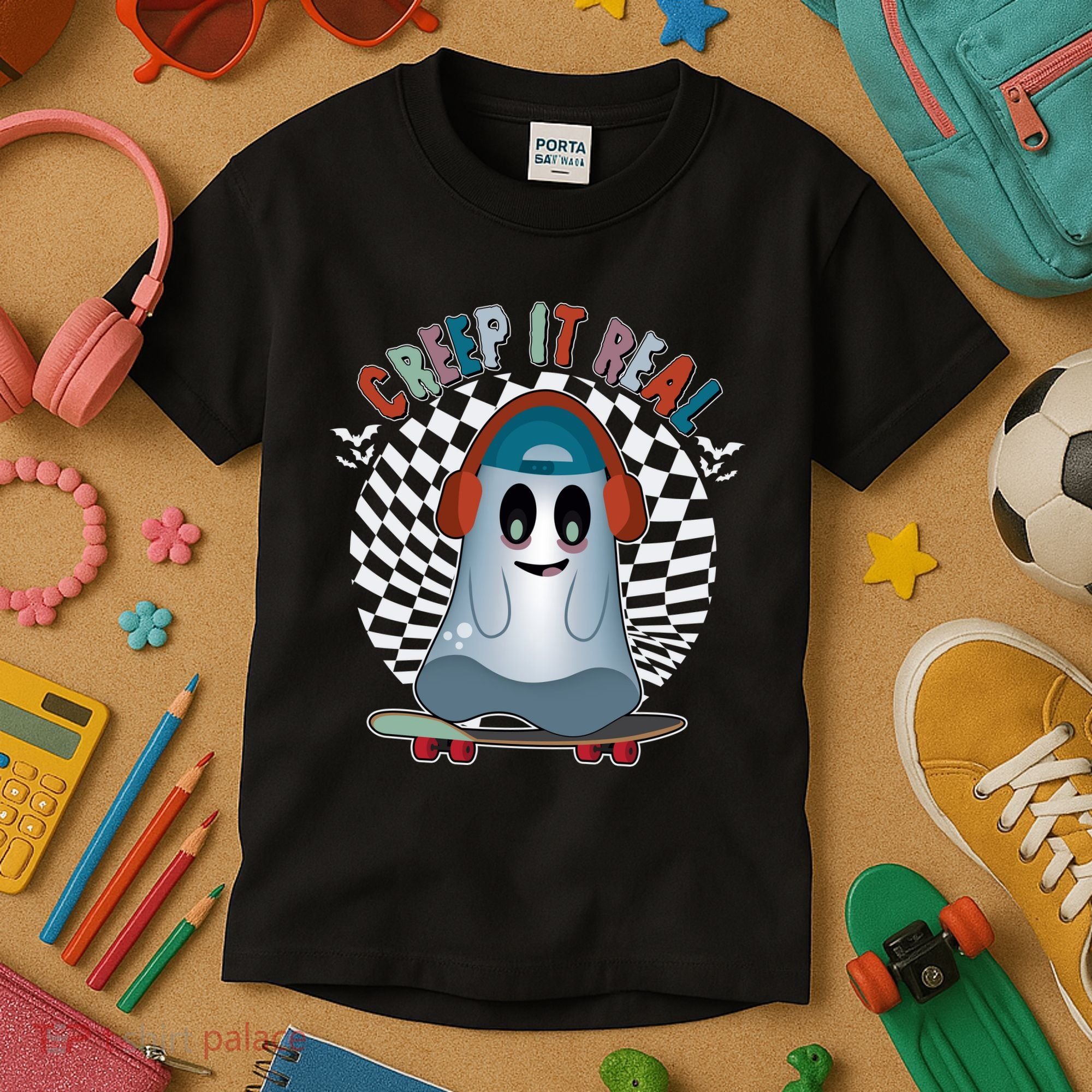 Funny Halloween Creep It Real Skateboarding Ghost Kids T-Shirt