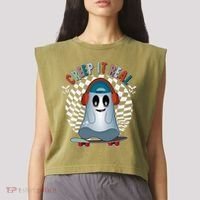 Funny Halloween Creep It Real Skateboarding Ghost Garment-Dyed Women's Muscle Tee thumb 2