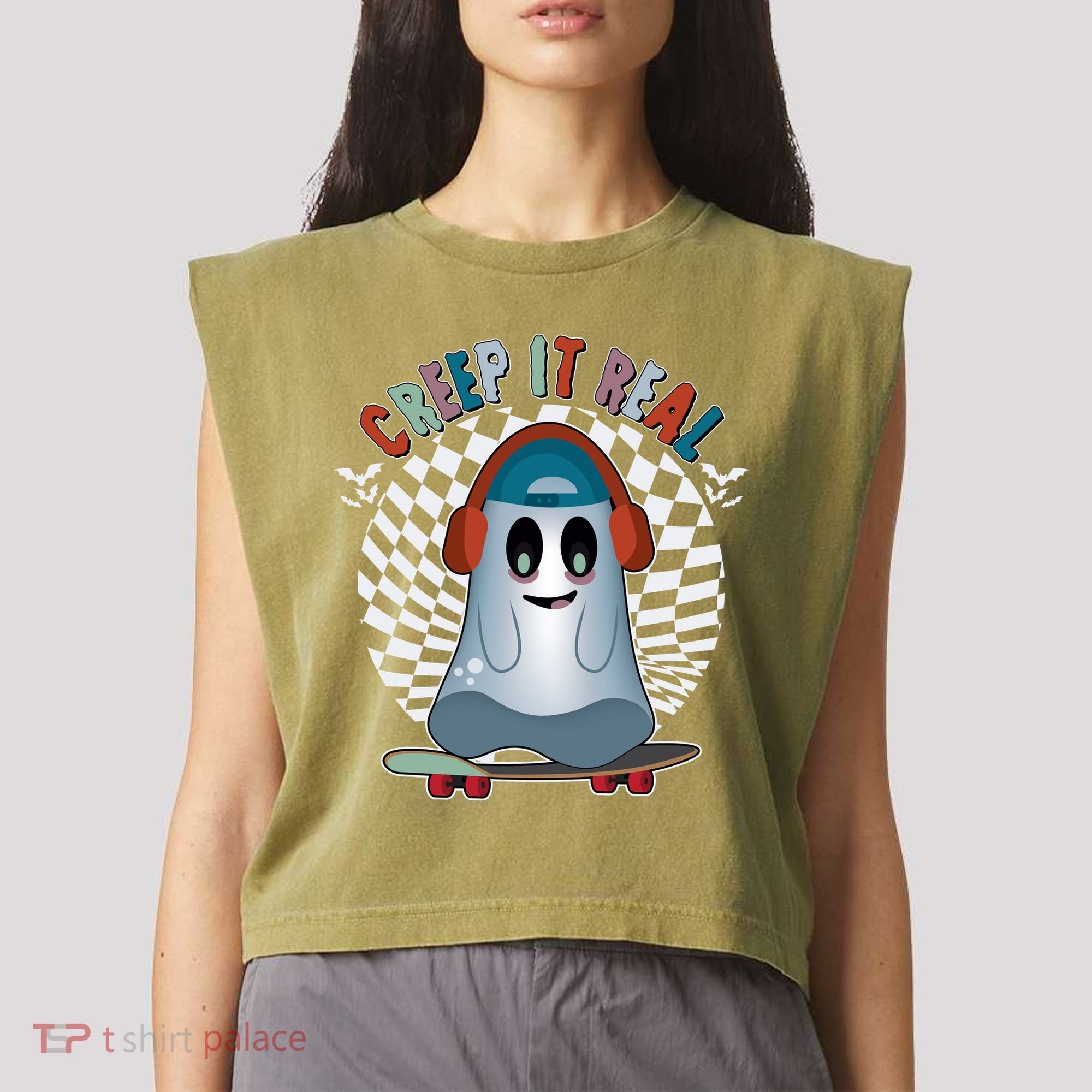 Funny Halloween Creep It Real Skateboarding Ghost Garment-Dyed Women's Muscle Tee