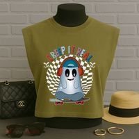 Funny Halloween Creep It Real Skateboarding Ghost Garment-Dyed Women's Muscle Tee thumb 3