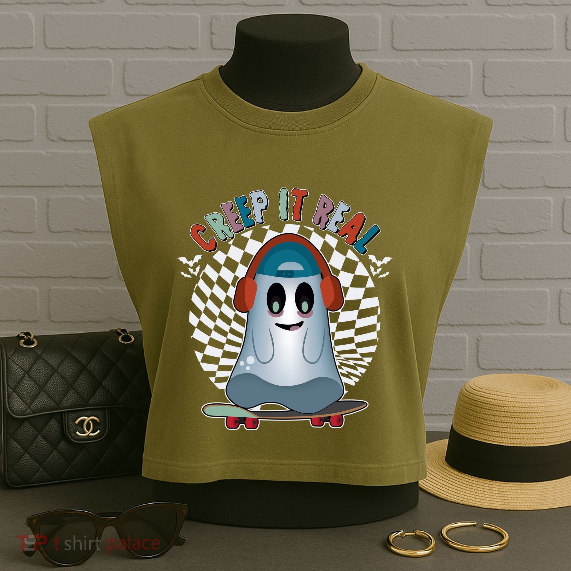 Funny Halloween Creep It Real Skateboarding Ghost Garment-Dyed Women's Muscle Tee