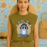 Funny Halloween Creep It Real Skateboarding Ghost Garment-Dyed Women's Muscle Tee thumb 4