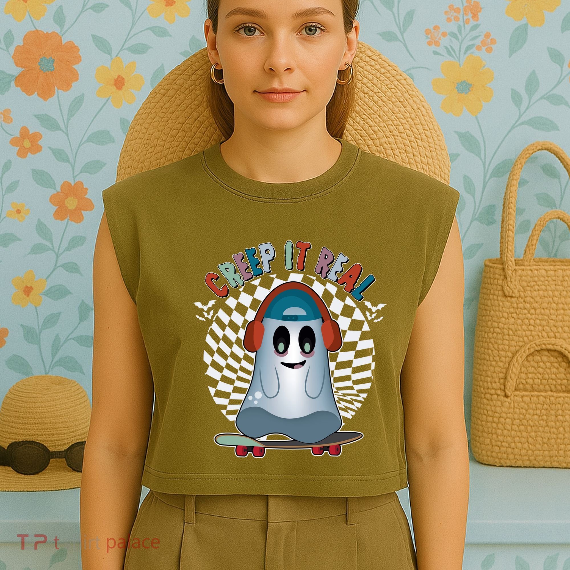 Funny Halloween Creep It Real Skateboarding Ghost Garment-Dyed Women's Muscle Tee