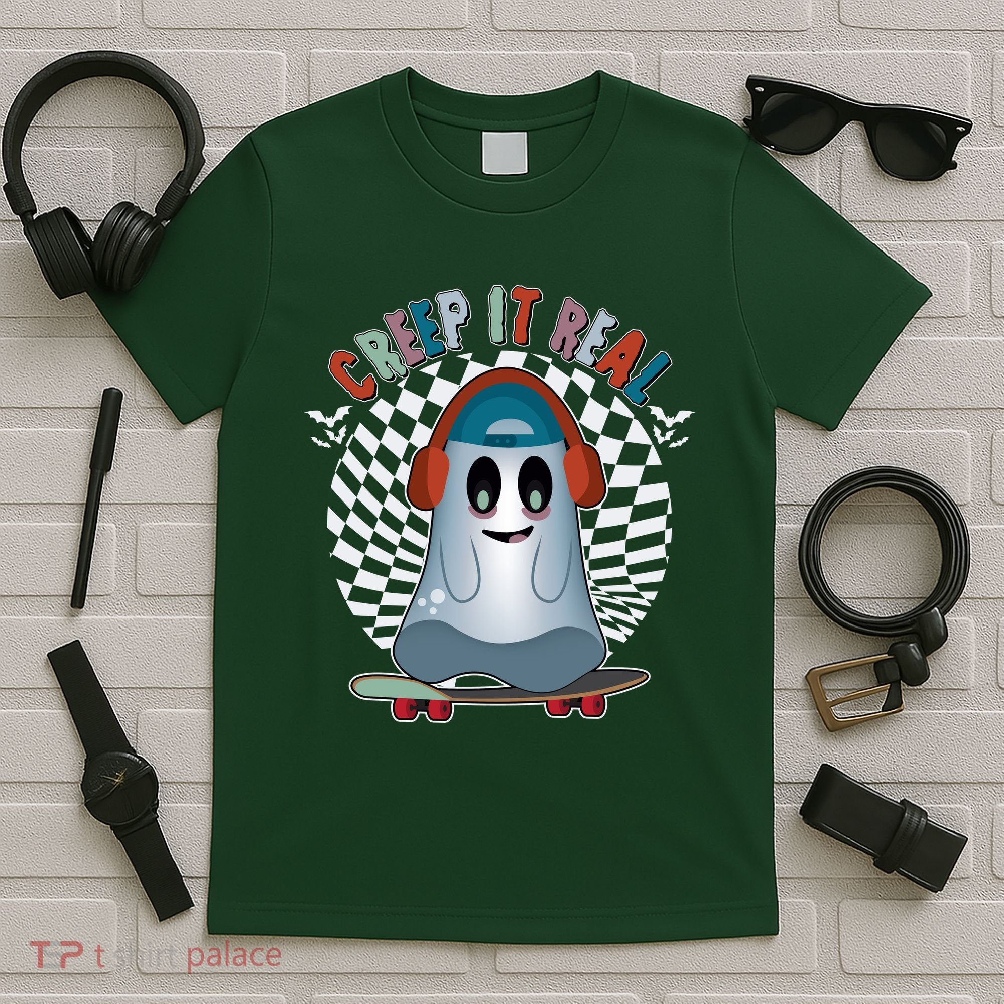 Funny Halloween Creep It Real Skateboarding Ghost T-Shirt