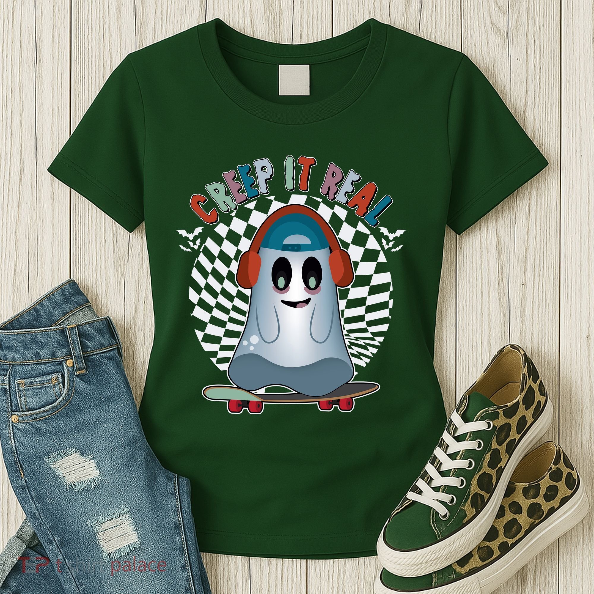 Funny Halloween Creep It Real Skateboarding Ghost Women's T-Shirt