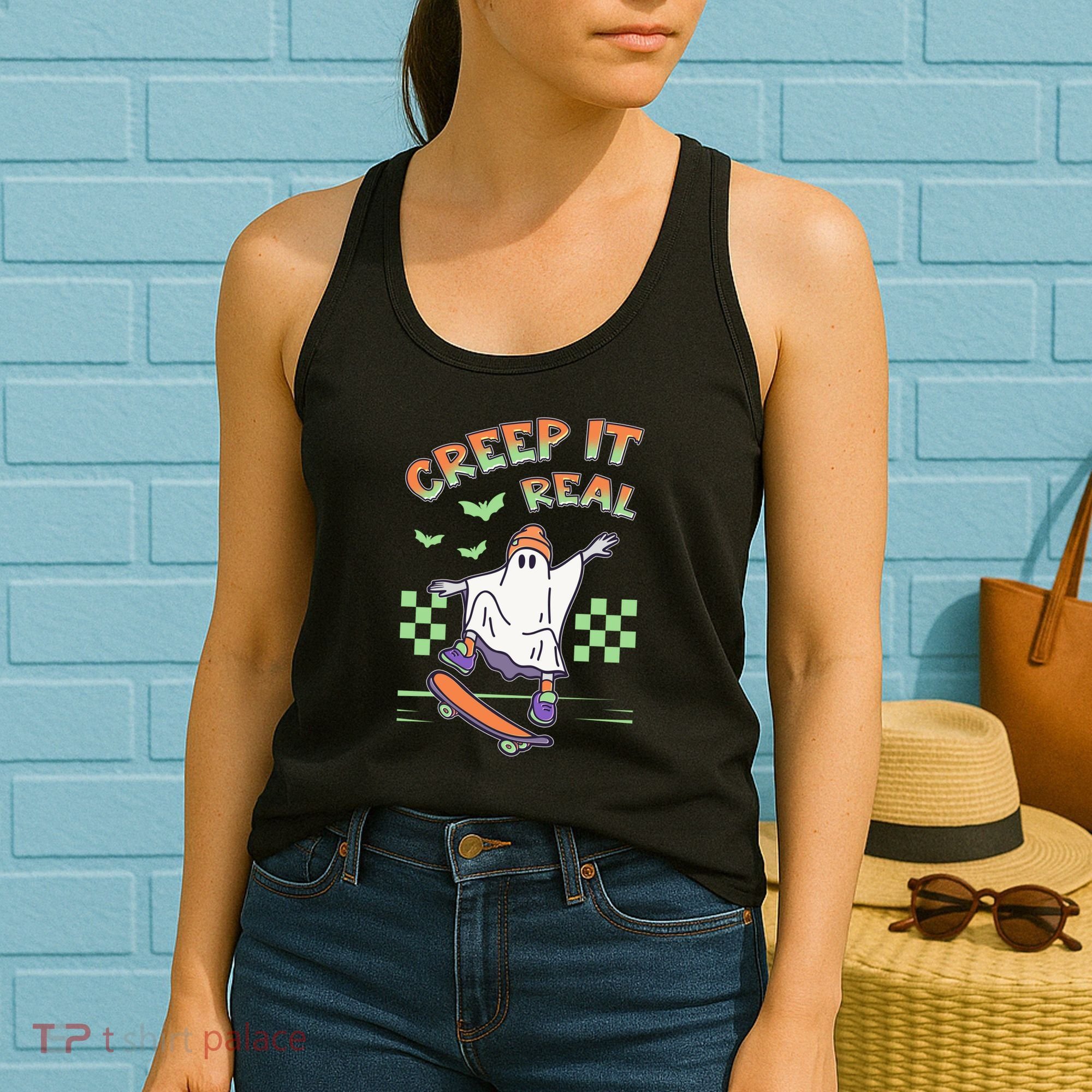 Funny Halloween Creep It Real Skater Skateboarding Ghost Women's Tank Top