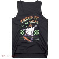 Funny Halloween Creep It Real Skater Skateboarding Ghost Tank Top thumb 0