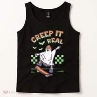 Funny Halloween Creep It Real Skater Skateboarding Ghost Tank Top thumb 2