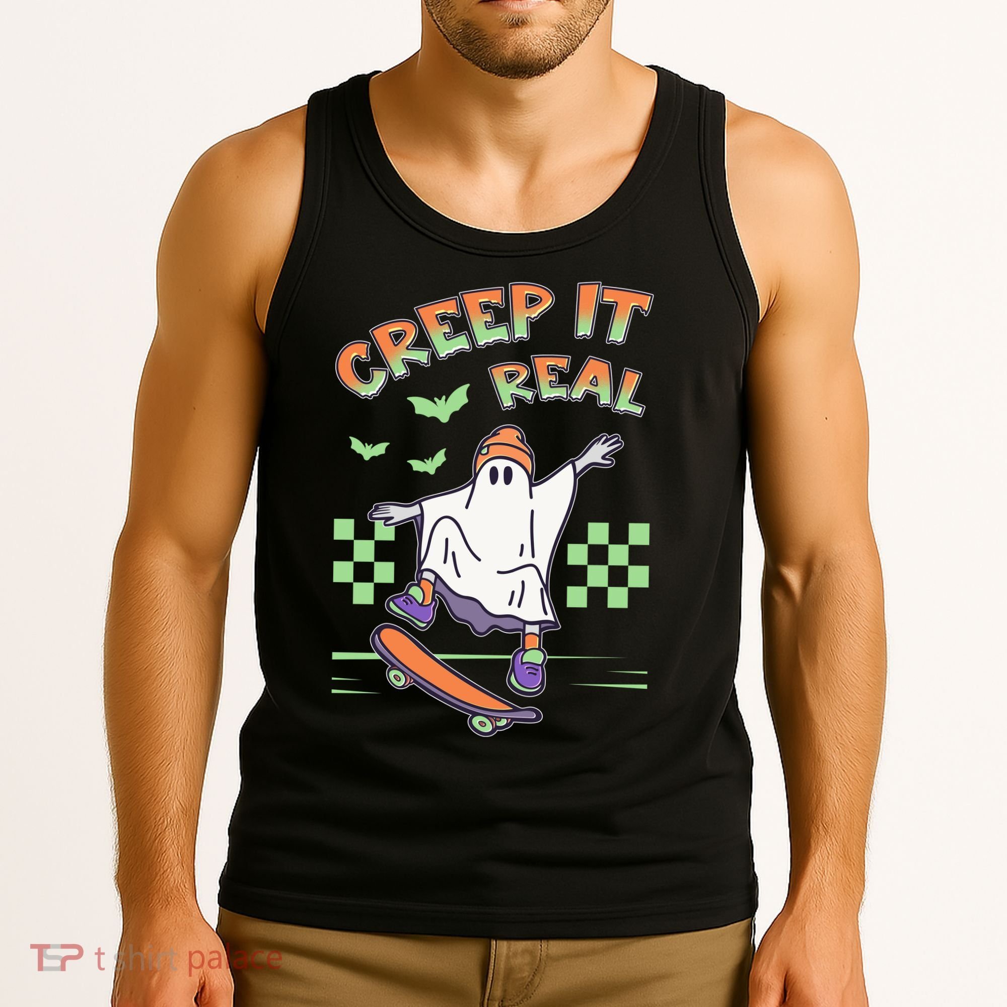 Funny Halloween Creep It Real Skater Skateboarding Ghost Tank Top