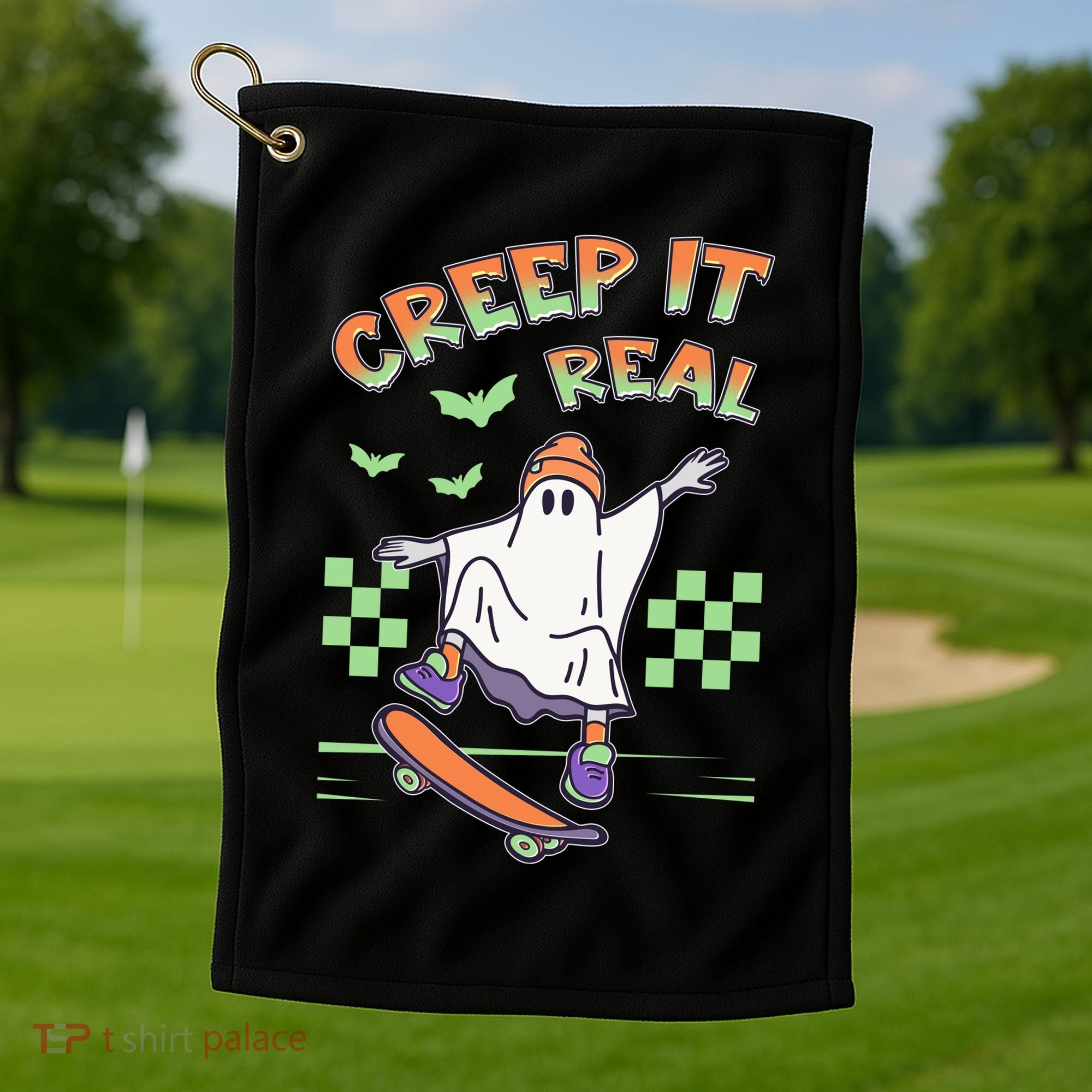Funny Halloween Creep It Real Skater Skateboarding Ghost Golf Towel