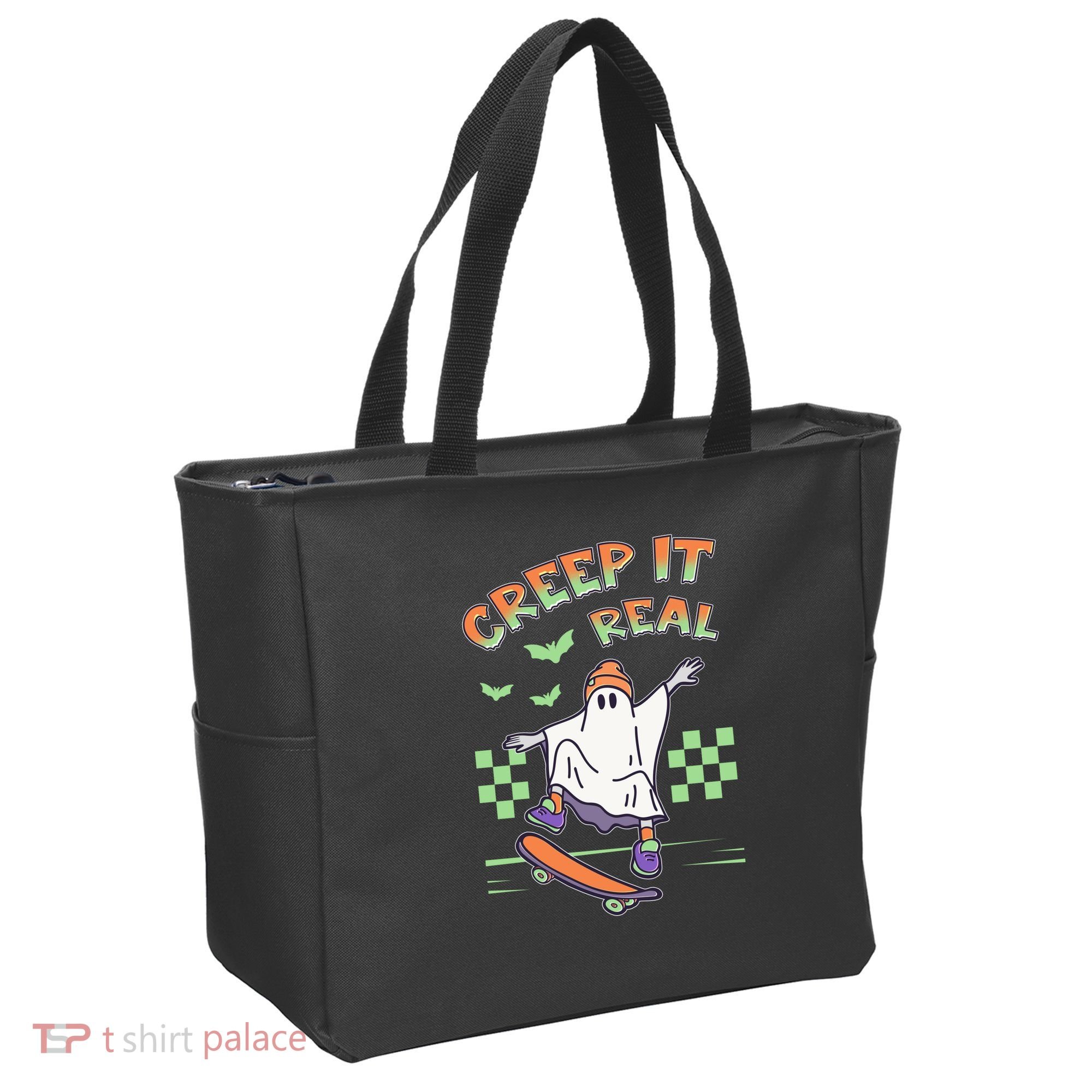 Funny Halloween Creep It Real Skater Skateboarding Ghost Tote Bag