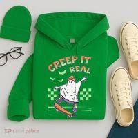 Funny Halloween Creep It Real Skater Skateboarding Ghost Hoodie thumb 4