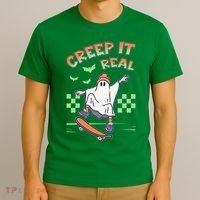 Funny Halloween Creep It Real Skater Skateboarding Ghost T-Shirt thumb 3