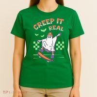 Funny Halloween Creep It Real Skater Skateboarding Ghost T-Shirt thumb 4
