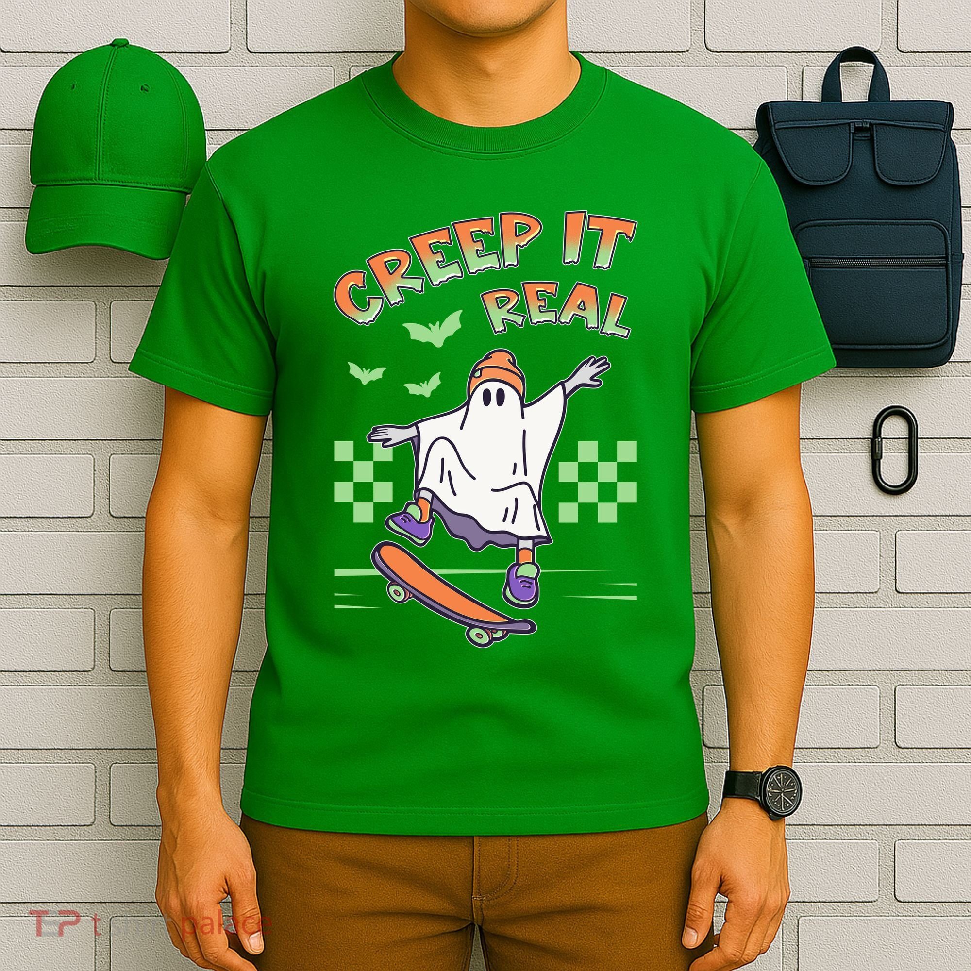 Funny Halloween Creep It Real Skater Skateboarding Ghost T-Shirt