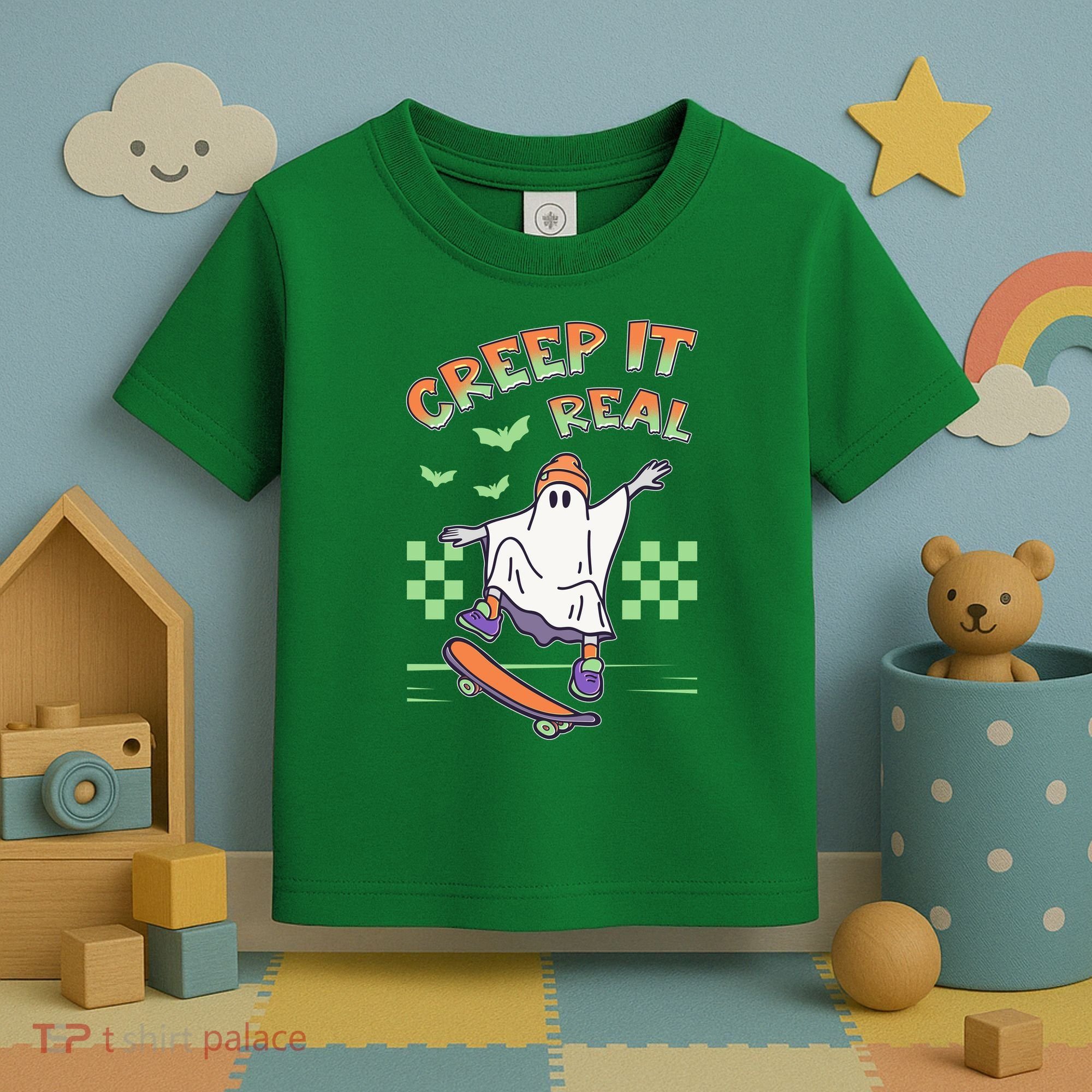 Funny Halloween Creep It Real Skater Skateboarding Ghost Toddler T-Shirt