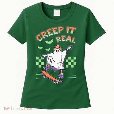 Funny Halloween Creep It Real Skater Skateboarding Ghost Women's T-Shirt