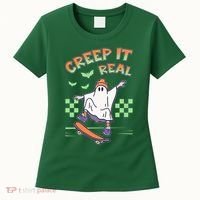 Funny Halloween Creep It Real Skater Skateboarding Ghost Women's T-Shirt thumb 0