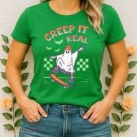 Funny Halloween Creep It Real Skater Skateboarding Ghost Women's T-Shirt thumb 2