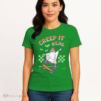 Funny Halloween Creep It Real Skater Skateboarding Ghost Women's T-Shirt thumb 4