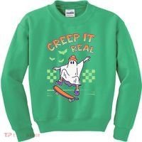 Funny Halloween Creep It Real Skater Skateboarding Ghost Kids Sweatshirt thumb 0