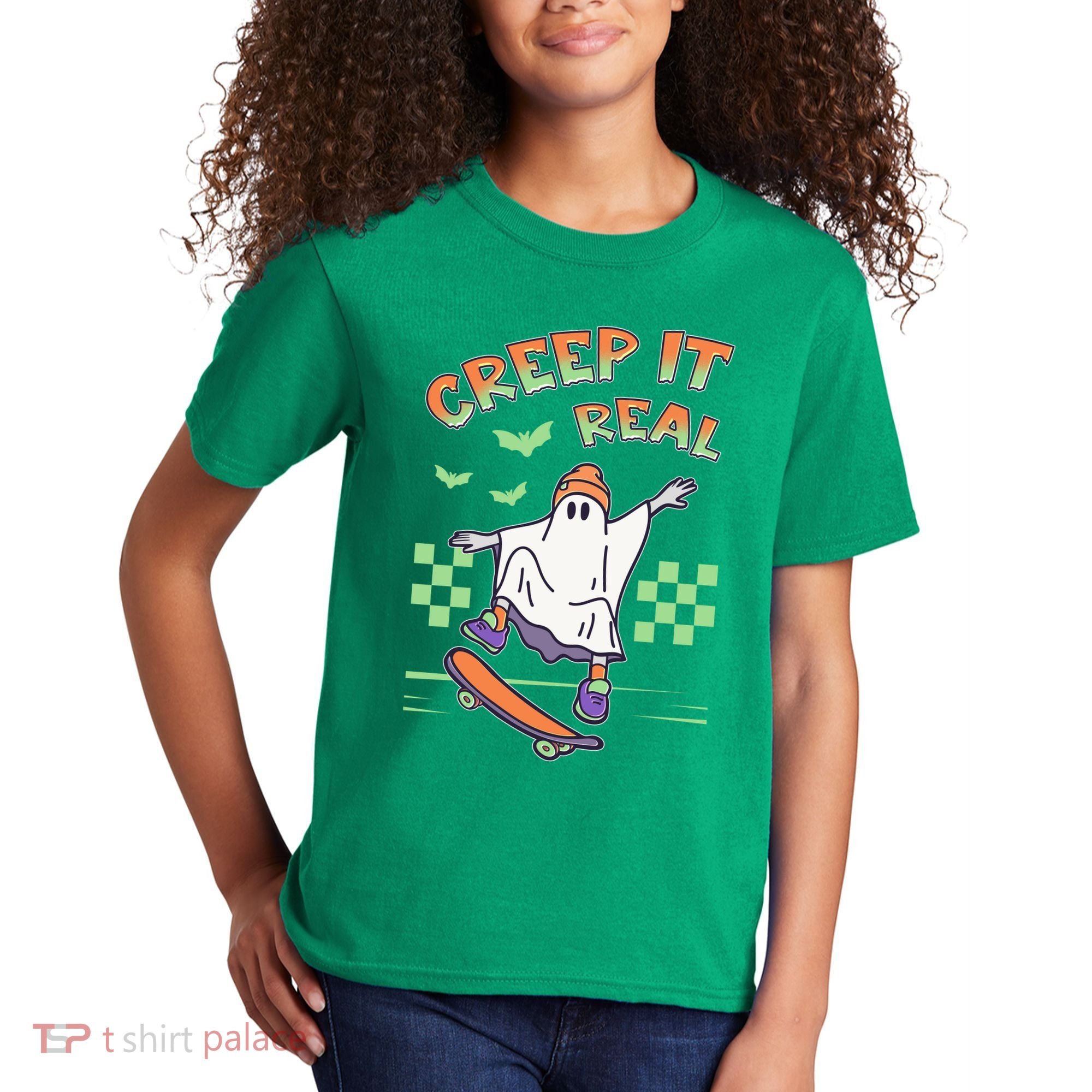 Funny Halloween Creep It Real Skater Skateboarding Ghost Kids T-Shirt